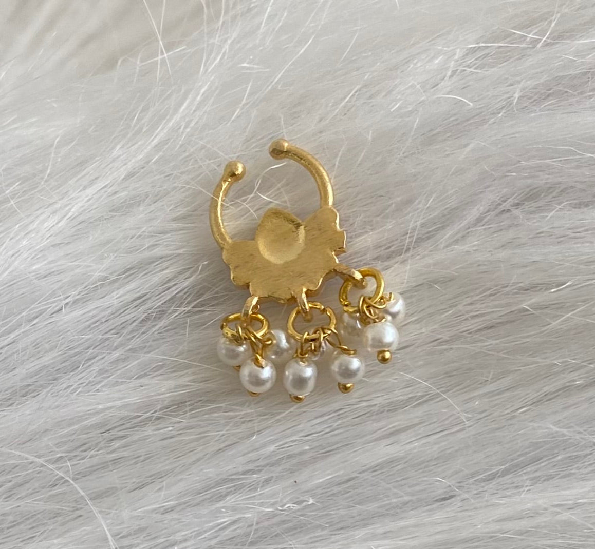 Gold tone kundan jadau pink-green stone pearl flower nose pin/bulakku dj-53793