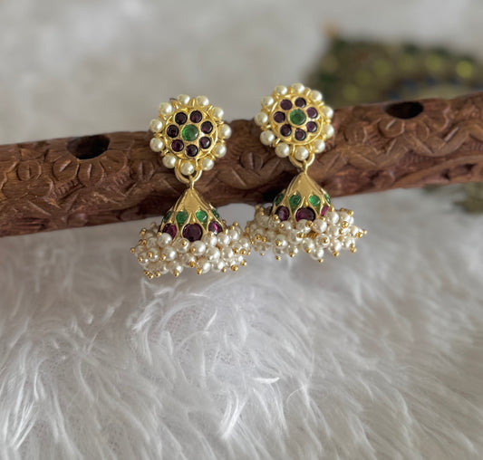 Gold tone precious kemp-green pearl jhumkka dj-51478