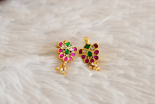 Gold tone pink-green-white kundan jadau butterfly bugadi earrings dj-52486