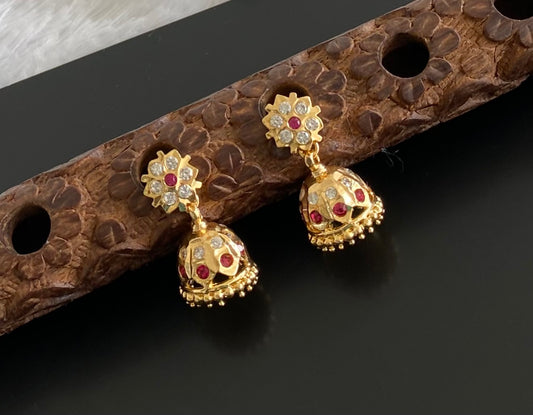 Gold tone AD pink-white flower small jhumkka dj-51892