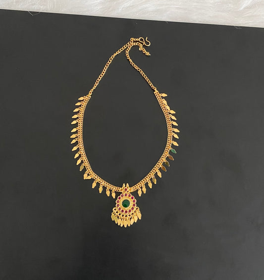 Gold tone pink-green stone elakka thali necklace dj-54486