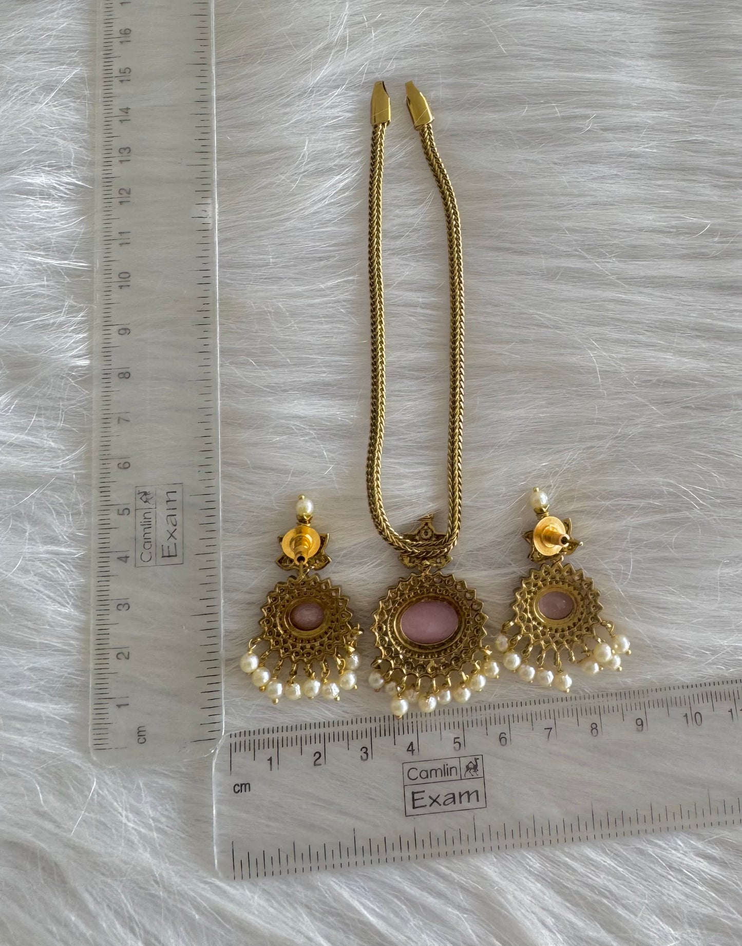 Antique gold tone cz baby pink oval stone necklace set dj-51204