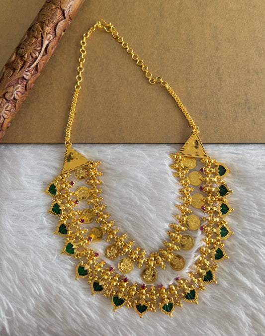 Gold tone kerala style pink-green palakka lakshmi coin double layer necklace dj-51733