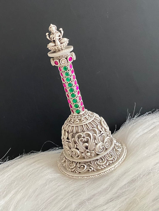 Silver tone pink-green stone lakshmi bell dj-54234