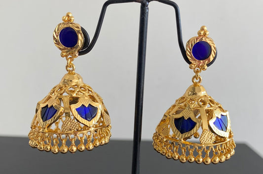 Gold tone kerala style blue 5 petals of palakka jhumkka dj-53133