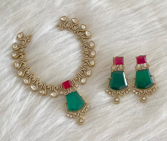 Antique gold tone cz white-pink-green stone swan victorian necklace set dj-54439