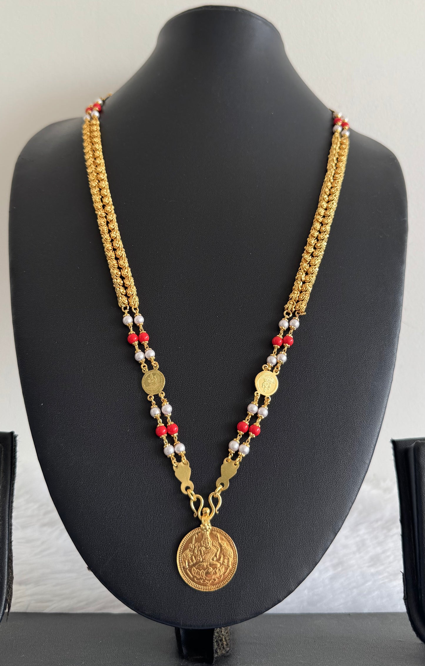 Gold tone coral-pearl lakshmi coin double layer 24 inches chain dj-46621