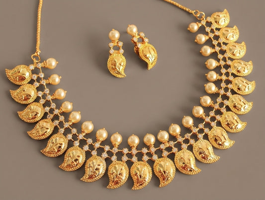 Gold tone cz pearl mango necklace set-dj07163