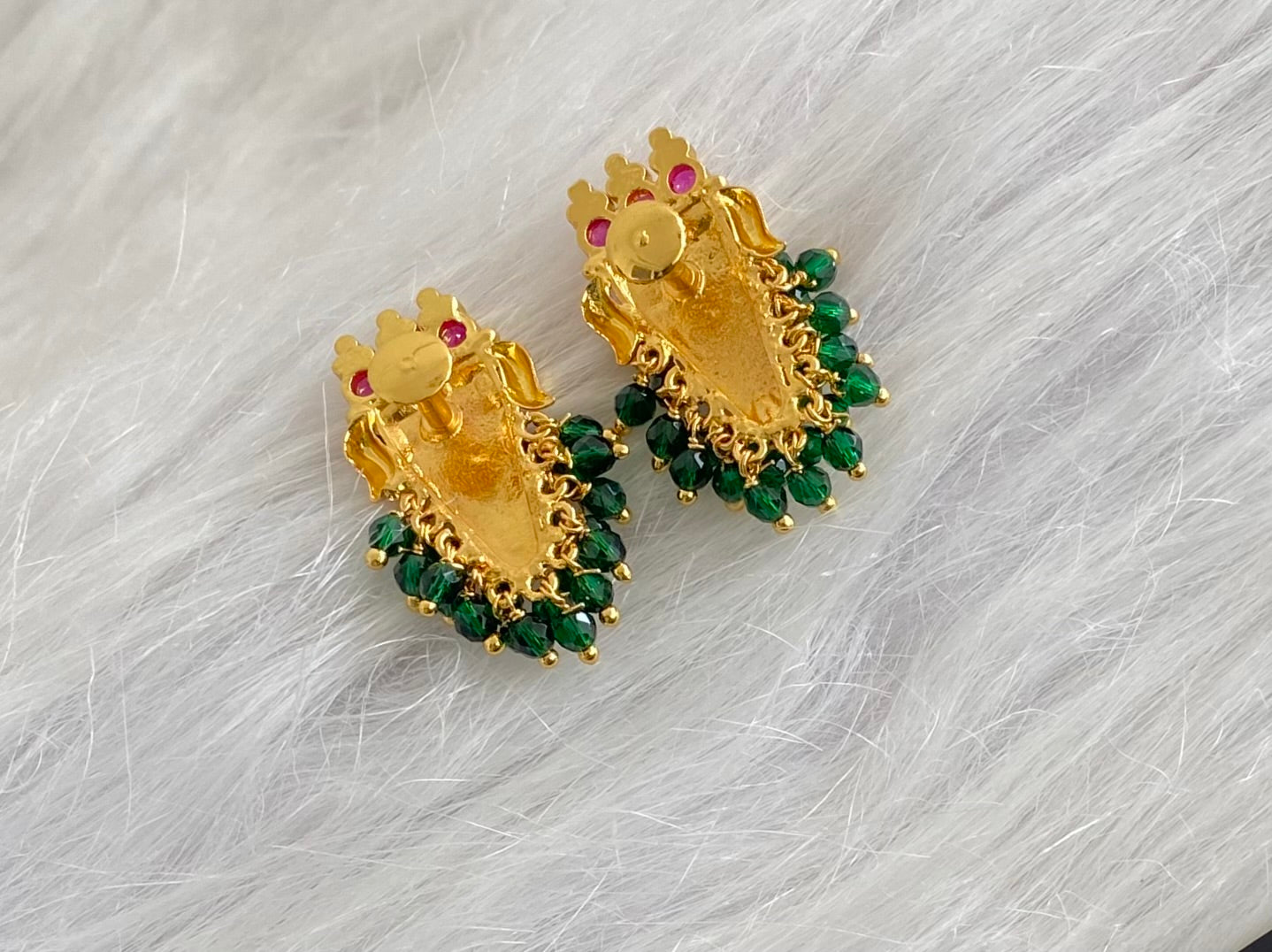 Gold tone pink stone green beaded nethipattam earrings dj-54205
