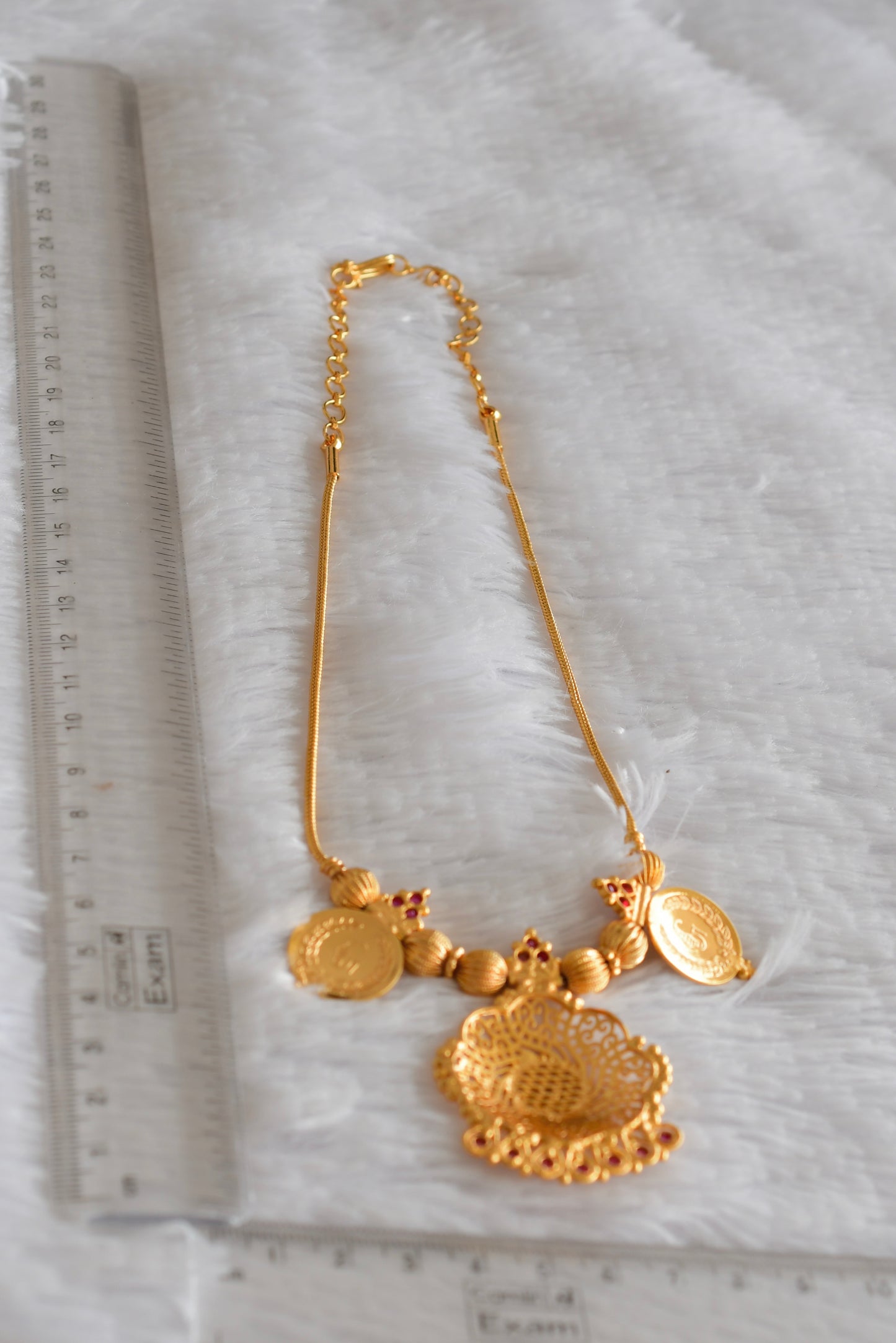 Gold tone AD pink flower lakshmi coin necklace dj-51844