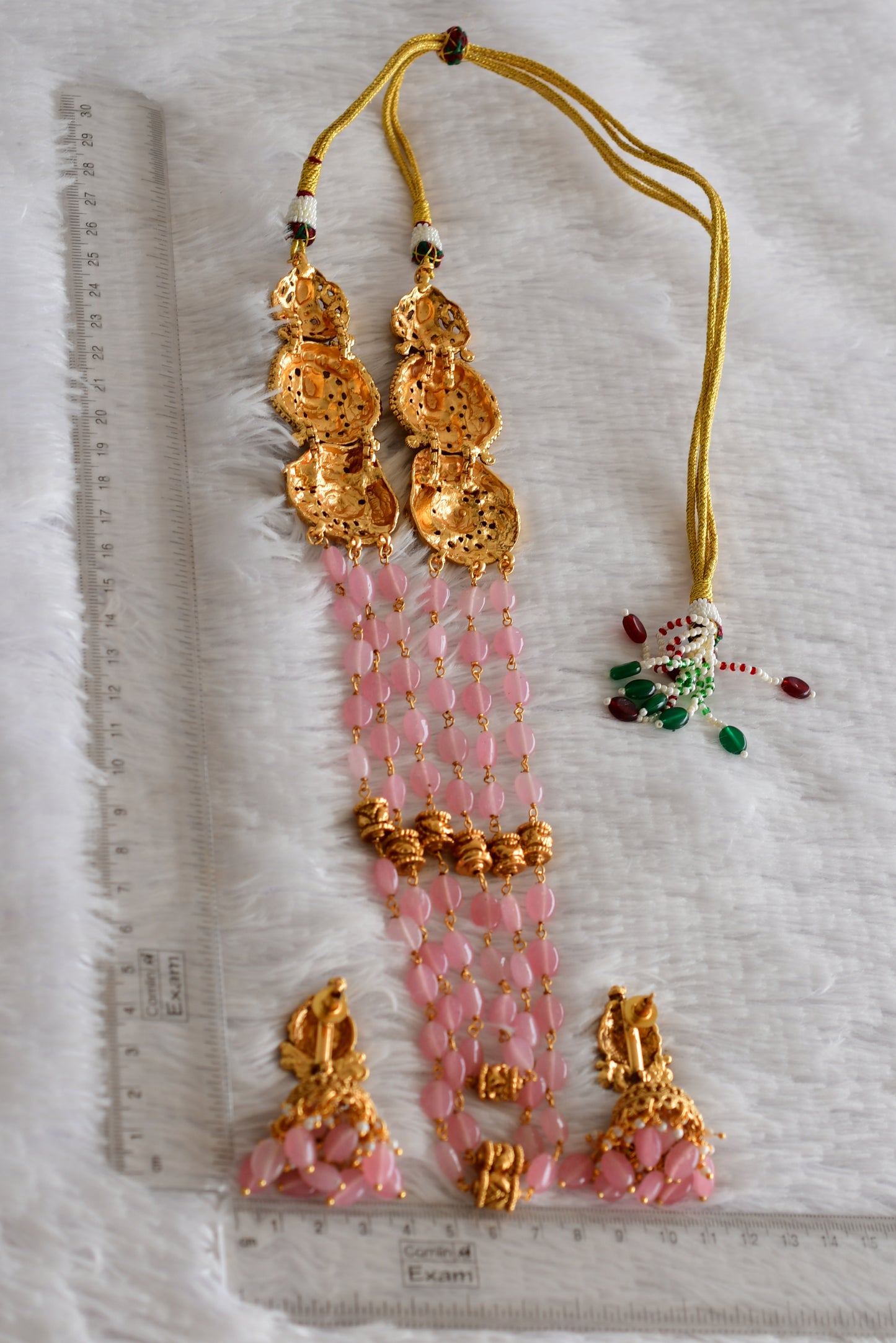 Antique gold tone baby pink beaded lakshmi peacock multi layer haar set dj-52426