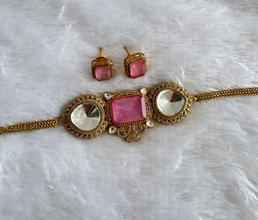 Antique gold tone cz big stone white-baby pink choker necklace set dj-51086