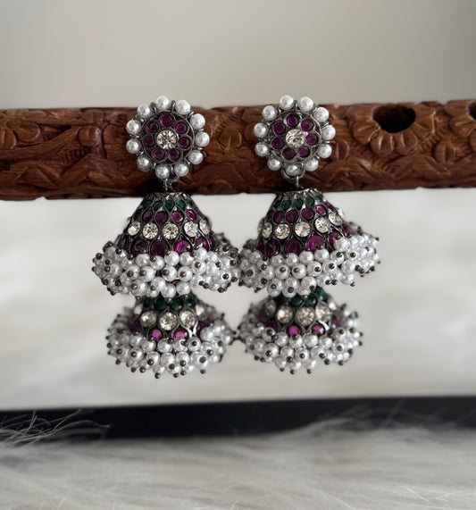 Black finish precious kemp-green-white stone pearl big step jhumkka dj-51393