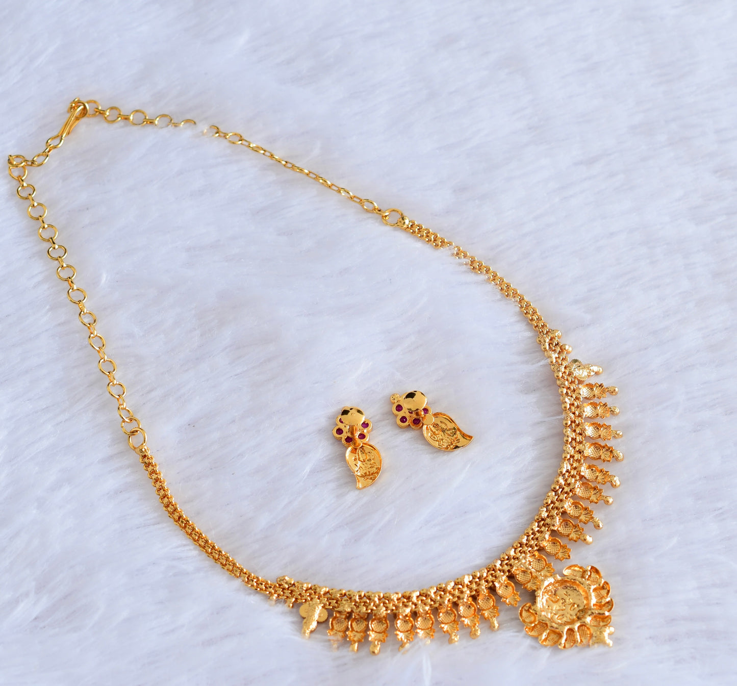 Gold tone pink stone lakshmi coin mango necklace set dj-53050