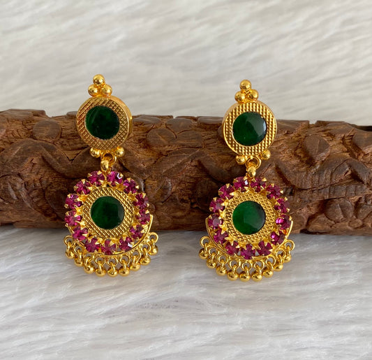 Gold tone round pink-green stone kerala style earrings dj-53122