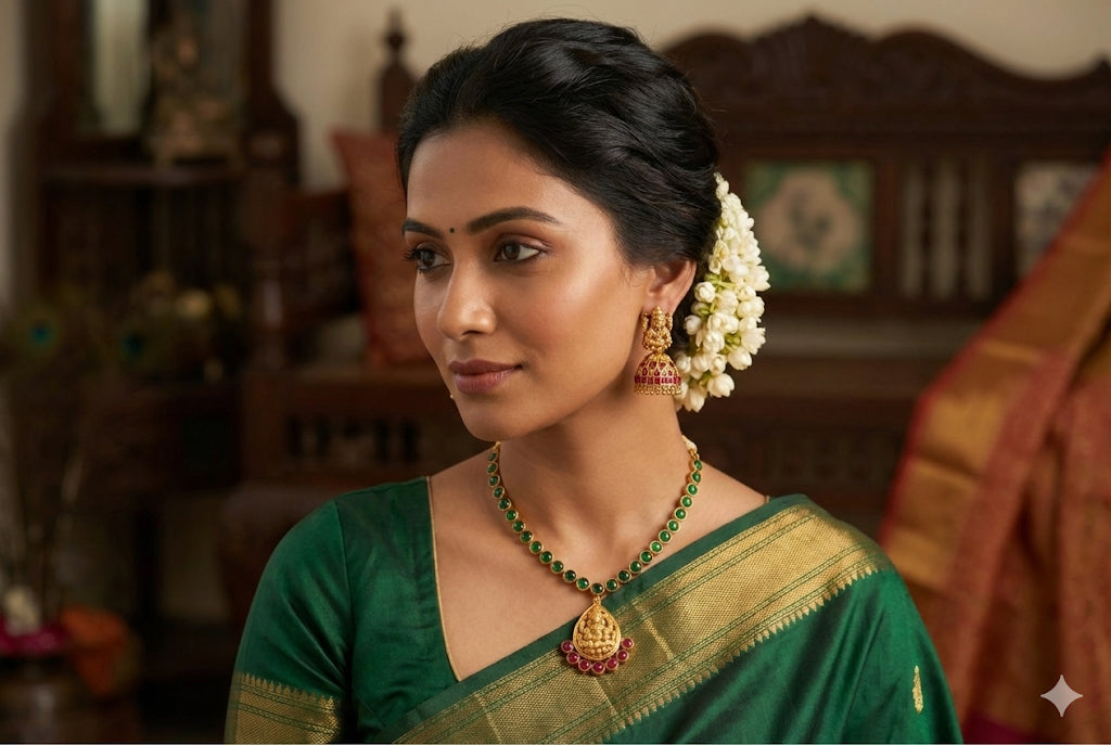 Matte finish kemp-green reversible Lakshmi necklace set dj-52412