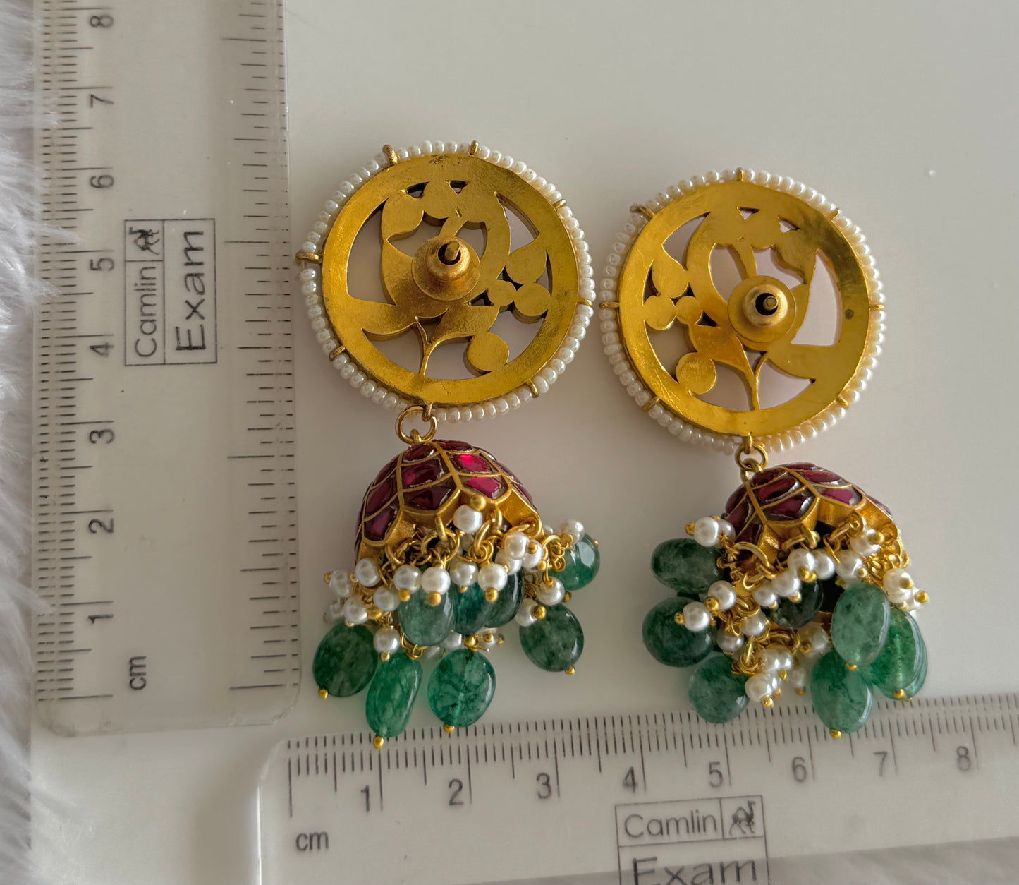 Gold tone pink-green-white kundan jadau green beaded big round peacock jhumkka dj-51509