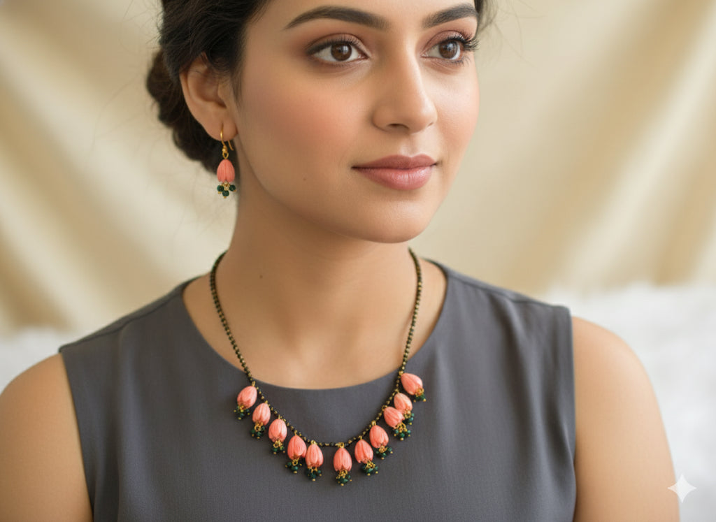 Gold tone baby pink-green cluster tulip beaded mangalsutra set dj-44821