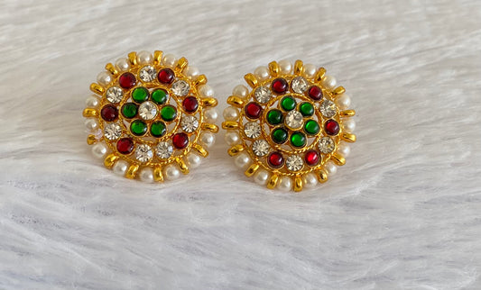 Gold tone kemp-green white pearl round stud/earrings dj-52973