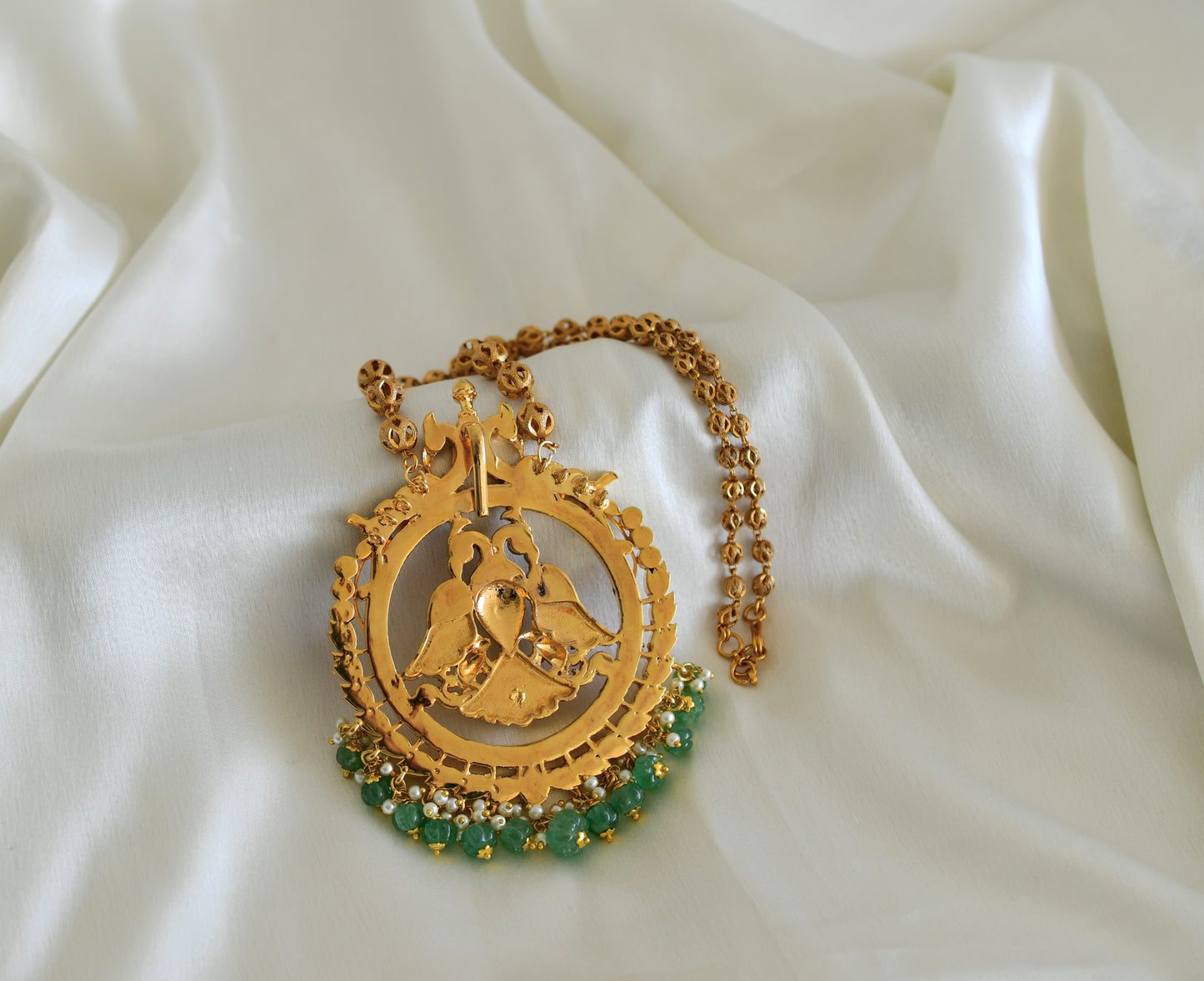 Gold tone pink-green kundan jadau big peacock necklace dj-52596