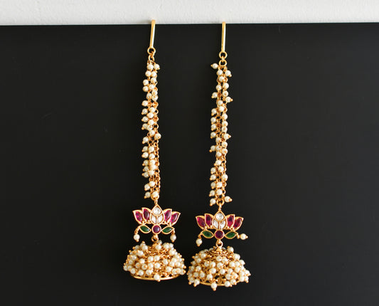 Matte finish kemp-green pearl lotus jhumkka with ear side chain dj-52558