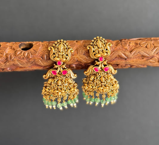 Antique gold tone pink-green beaded Lakshmi jhumkka dj-51481