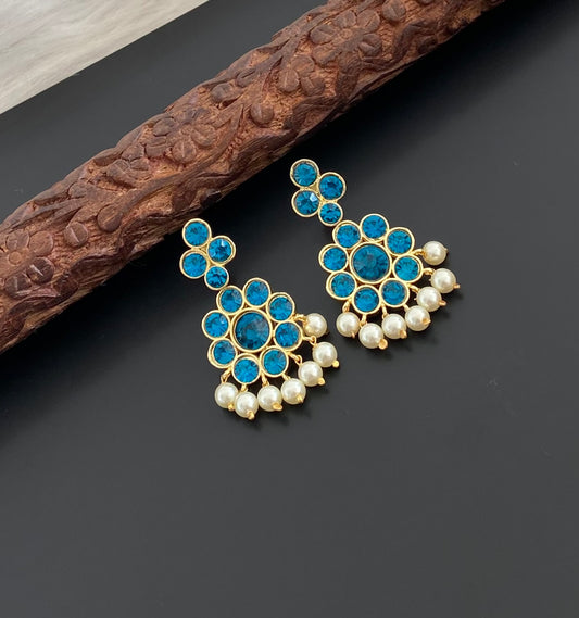 Gold tone AD cerulean blue stone pearl flower earrings dj-55136