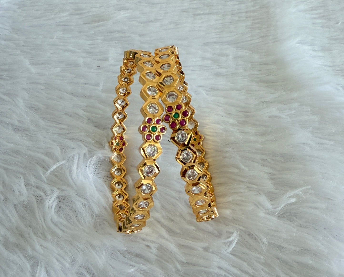 Gold tone AD pink-green-white bangles(2.4) Dj-53293