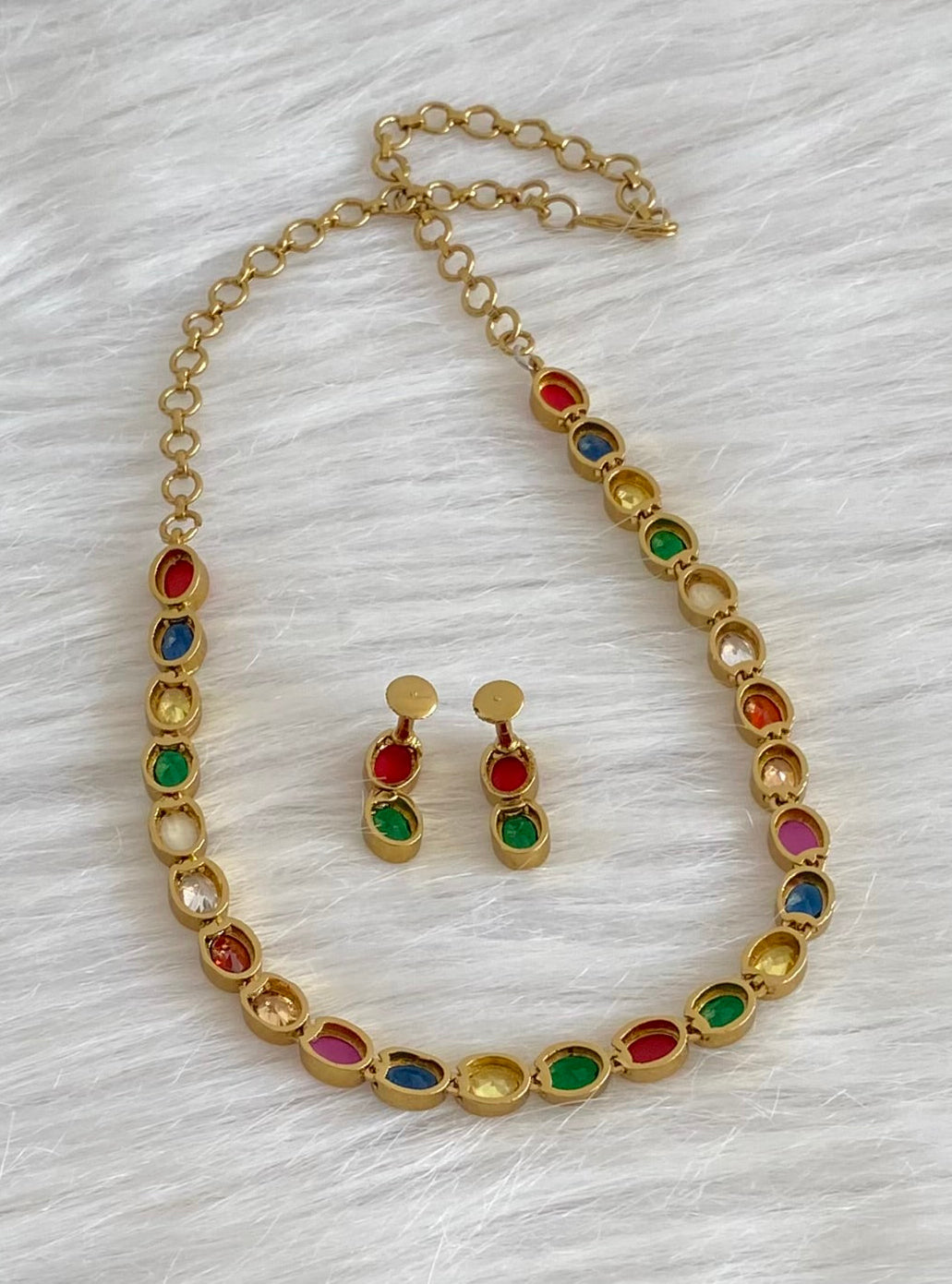 Antique gold tone navarathna oval stone necklace set dj-54080