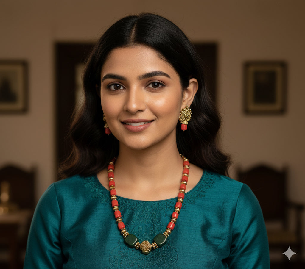 Matte finish coral-green beaded necklace set dj-52307