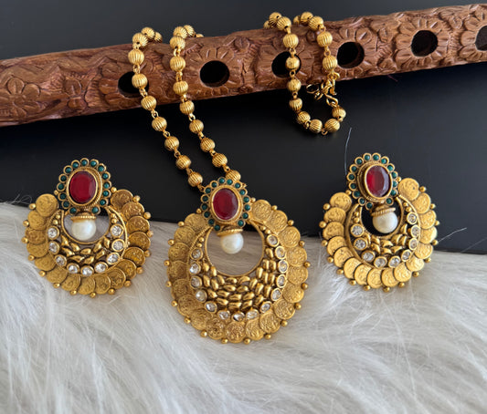 Antique gold tone 18 inches ball chain with red-green-white lakshmi coin bali pendant set dj-47672