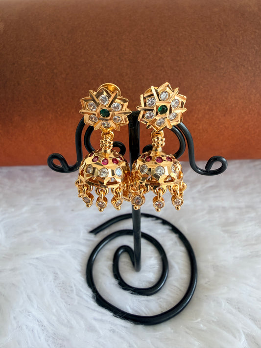 Gold tone AD pink-green-white south Indian flower jhumkka dj-53269