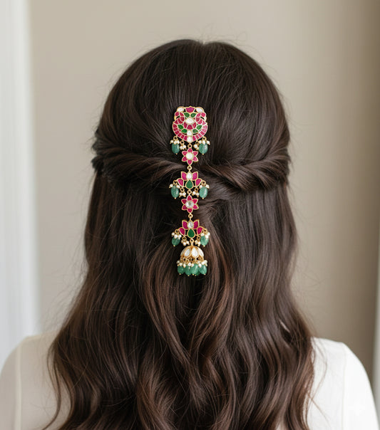 Gold tone pink-green kundan jadau lotus hair jewel dj-52380