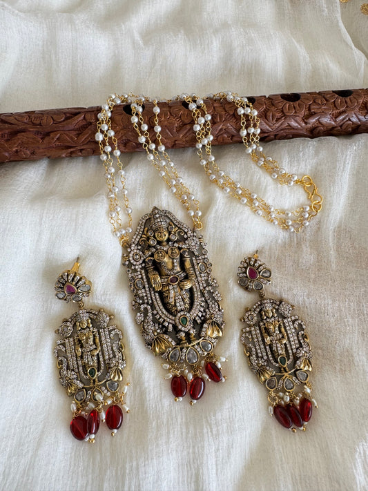 Antique gold tone cz sri Thirumal maroon bead victorian pearl necklace set dj-52617