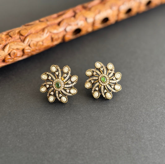 Antique finish cz green victorian flower stud/earrings dj-51471