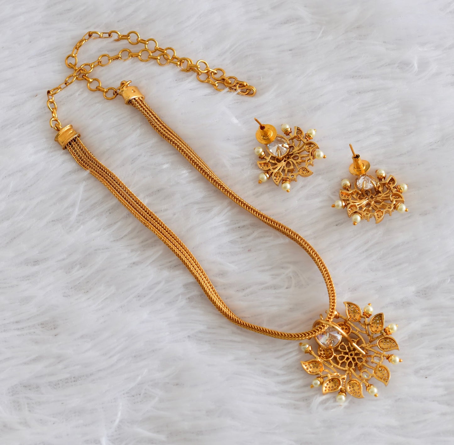Matte finish cz white stone pearl choker/necklace set dj-54021