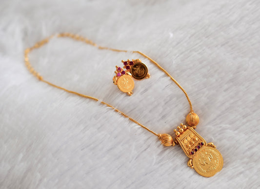 Gold tone kerala style ruby lakshmi coin necklace set dj-52686