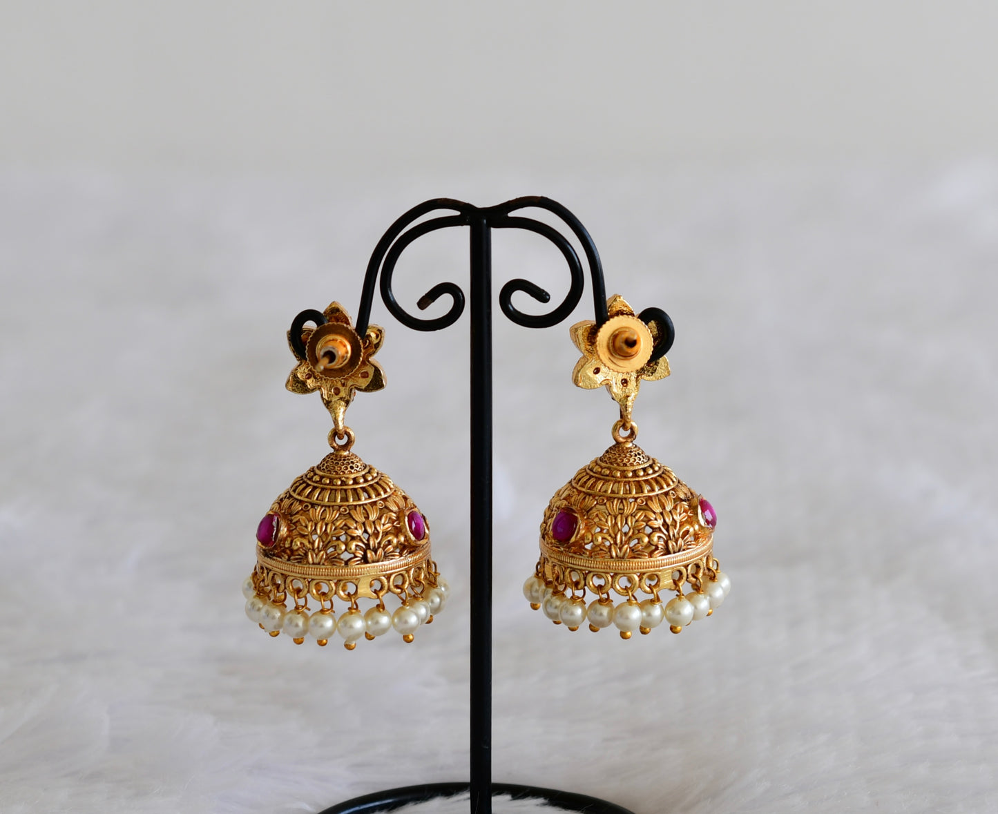 Antique gold tone pink-green jadau kundan pearl flower jhumkka dj-52555