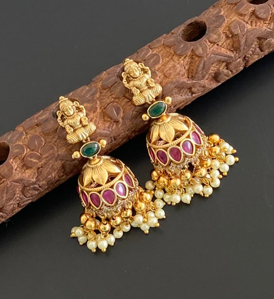 Antique gold tone kemp-green-white pearl lakshmi jhumkka dj-53567