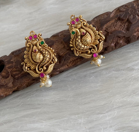 Antique gold tone pink-green-white stone peacock stud/earrings dj-54628