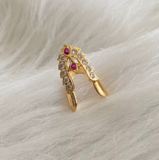 Gold tone pink-white AD south indain vanki finger ring dj-53857