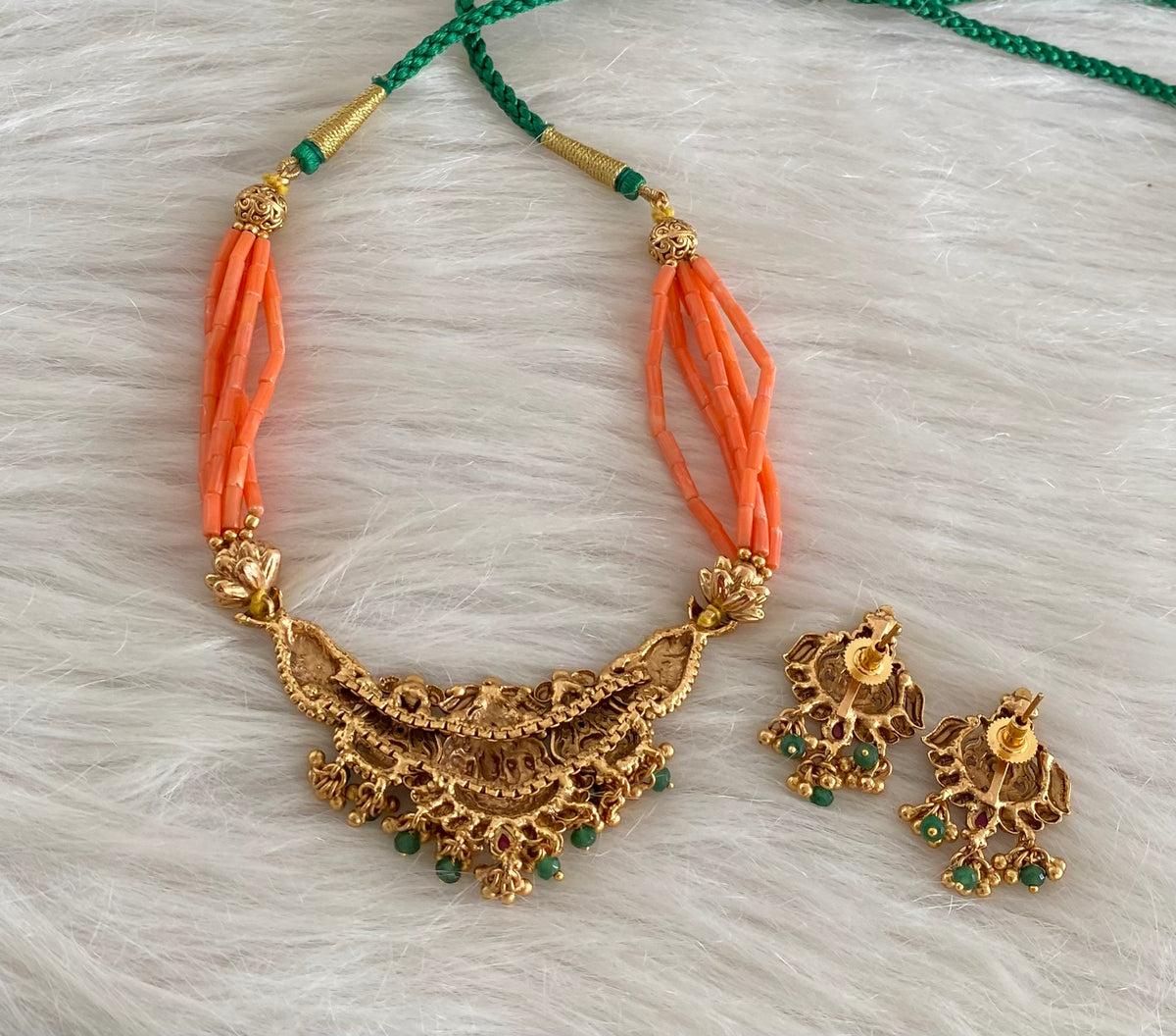 Antique gold tone coral lakshmi nakshi beaded necklace set dj-54966