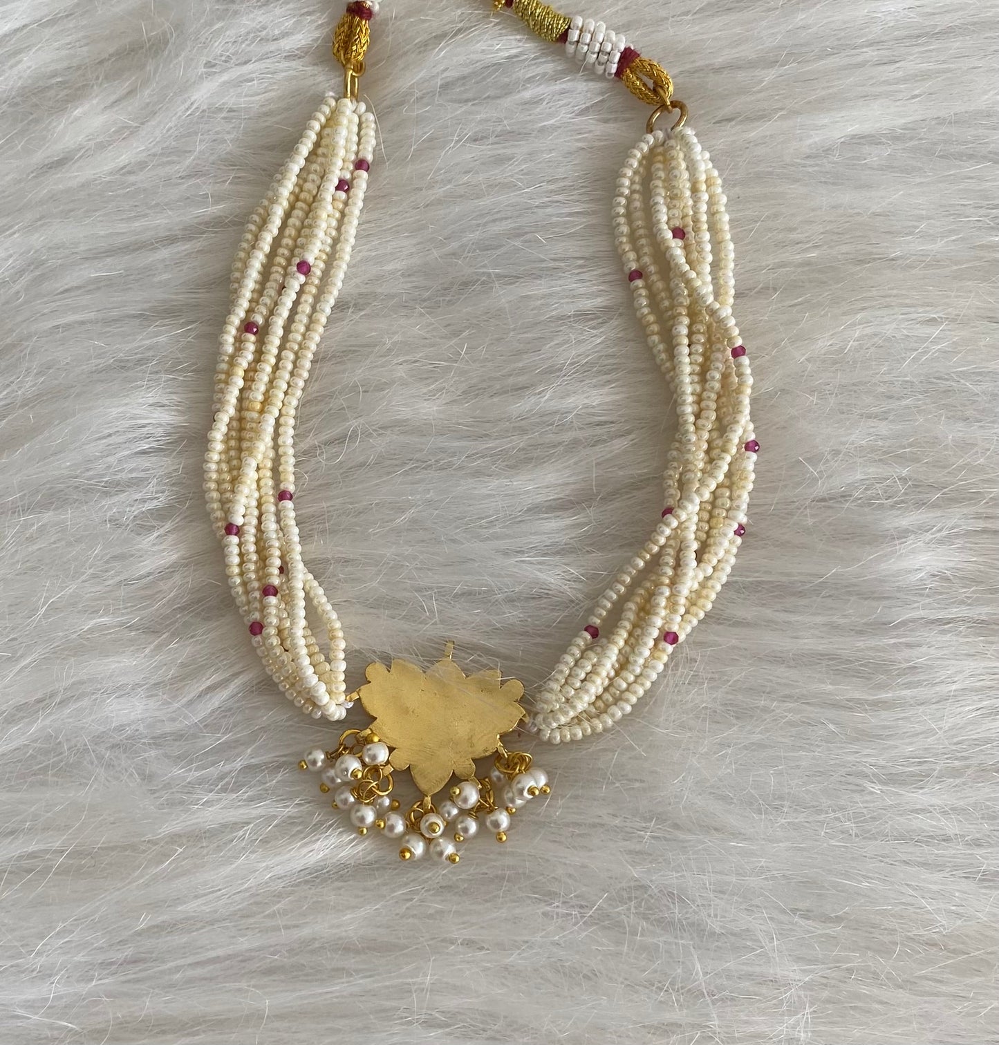 Gold tone pink-green-white kundan jadau lotus pearl choker necklace dj-54494