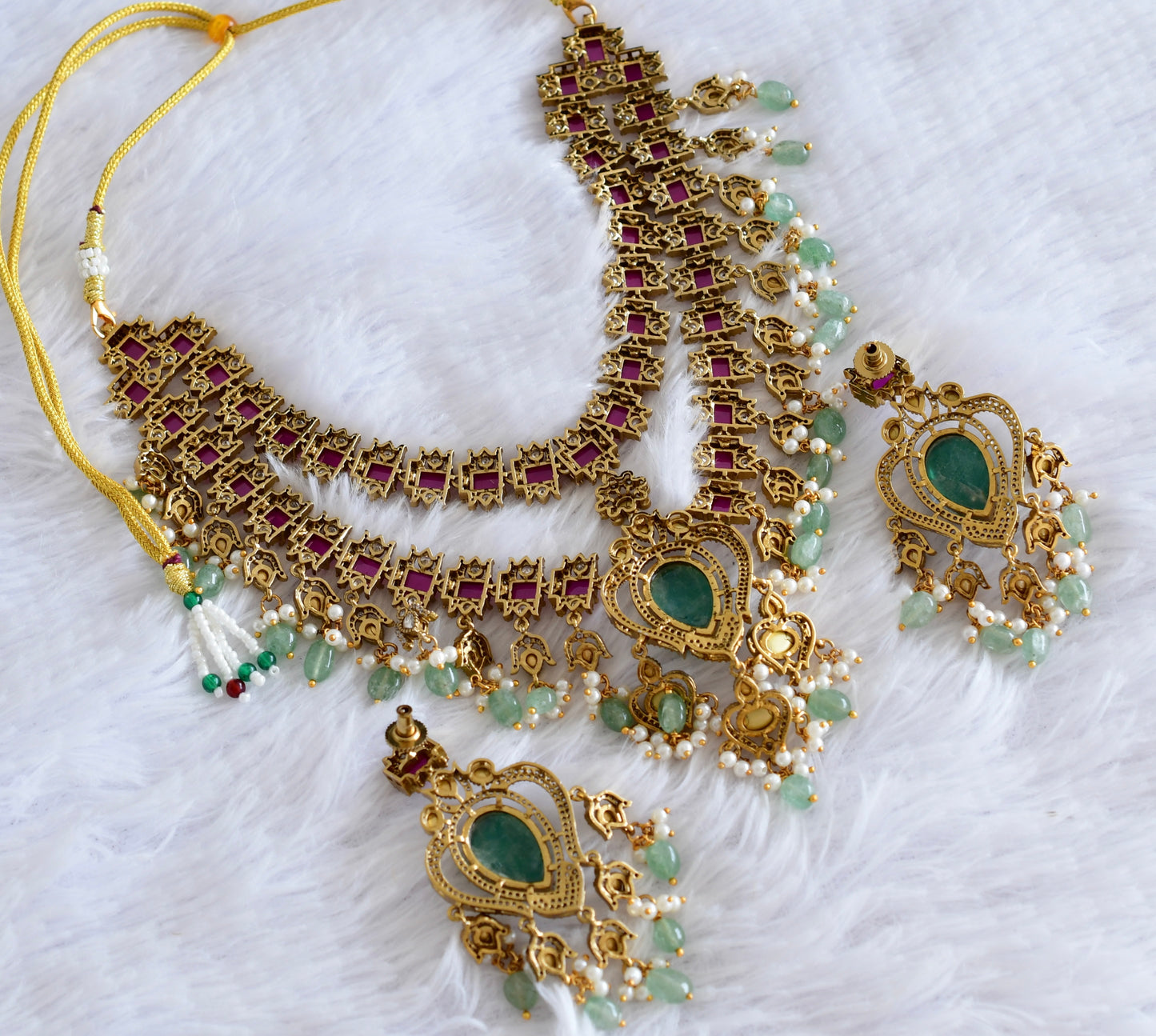 Antique gold tone cz pink- green double layer necklace set dj-53020