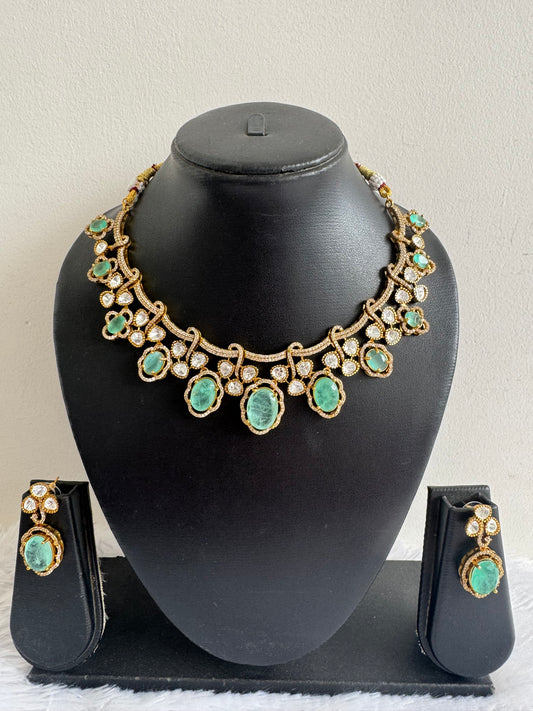 Antique gold tone cz sea green moissanite necklace set dj-51069