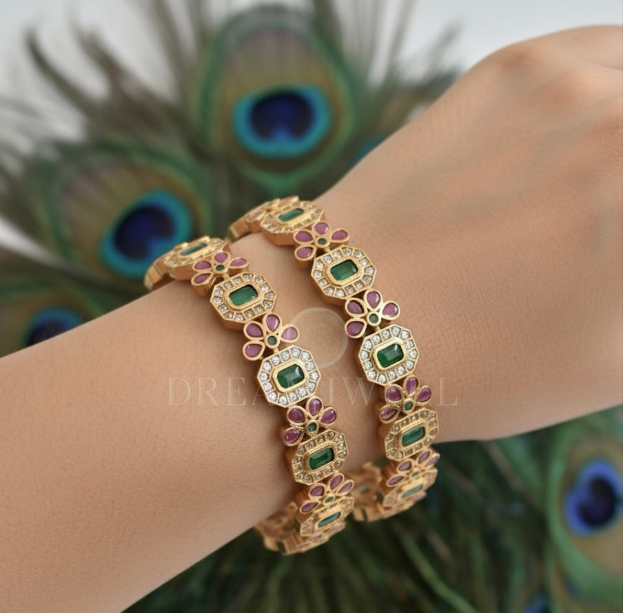Matte finish cz ruby-green-white floral bangles(2.4) dj-52199