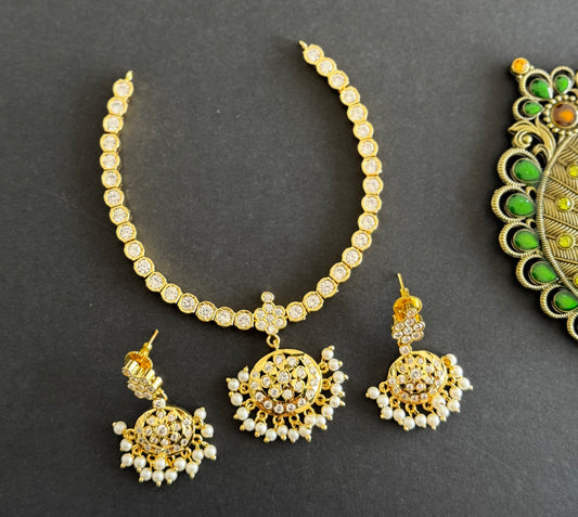 Gold Tone White AD South Indian Style Attigai/Necklace Set DJ28346