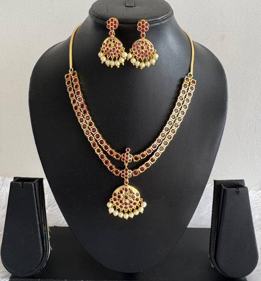 Gold tone AD pink south indian style double layer necklace set dj-51673
