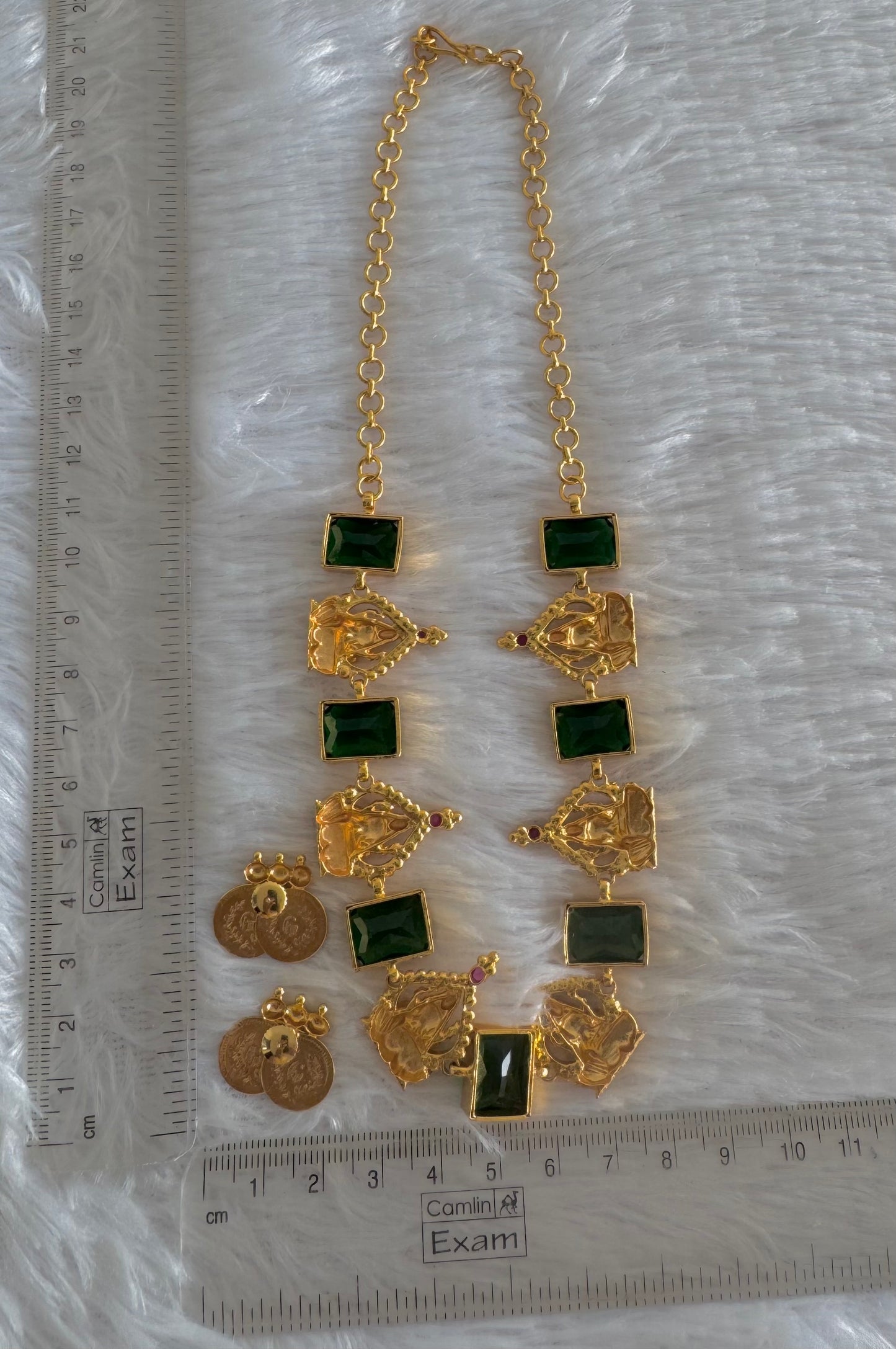 Gold tone pink-green big block stone Lakshmi necklace set dj-52093
