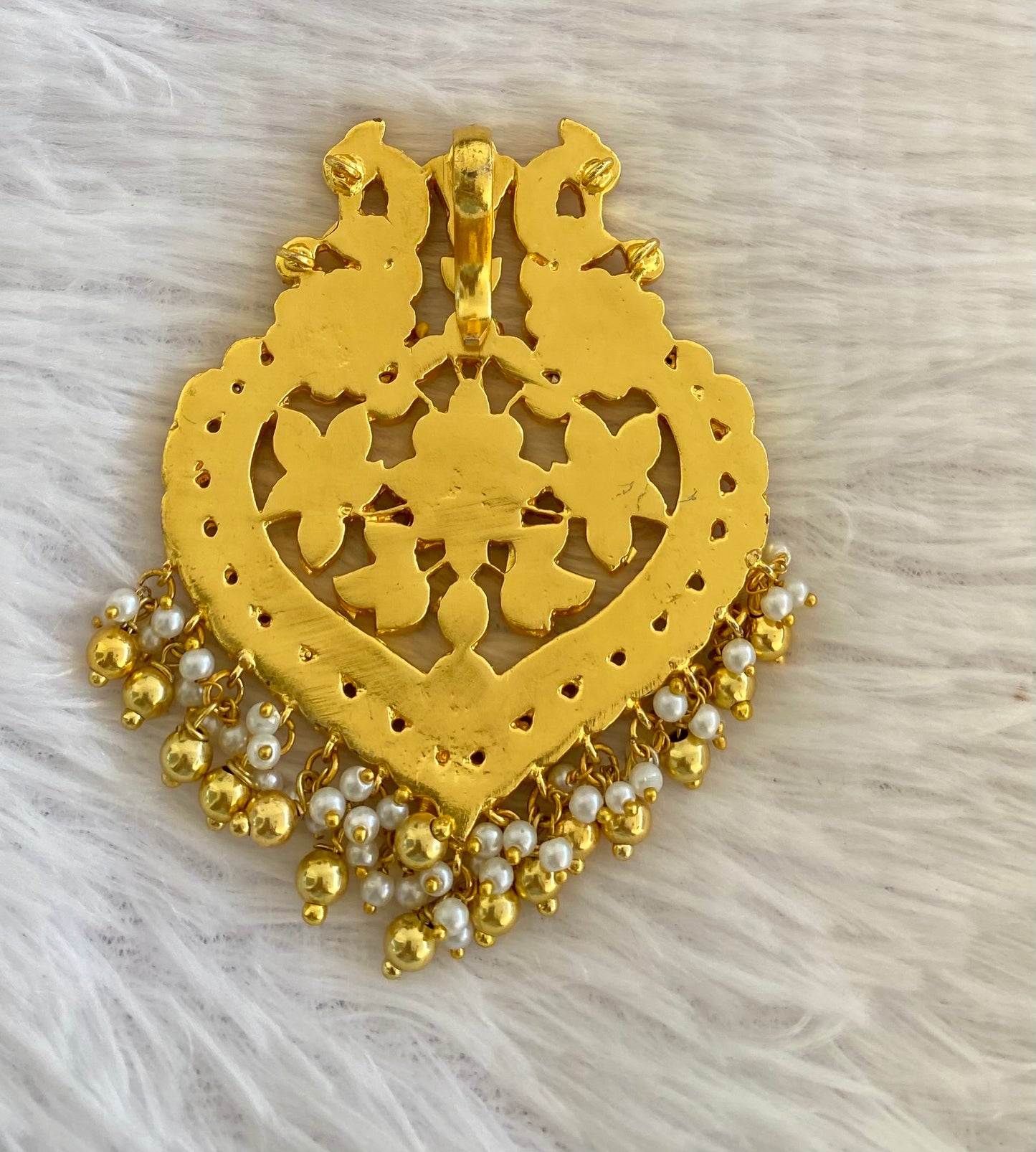 Gold tone pink-green-white kundan jadau peacock pendant dj-53176